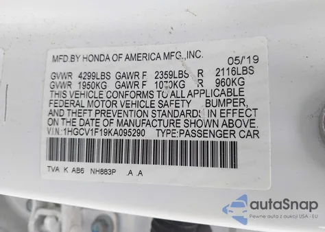 2019 Honda Accord Lx z USA, uszkodzony, nr VIN 1HGCV1F19KA095290